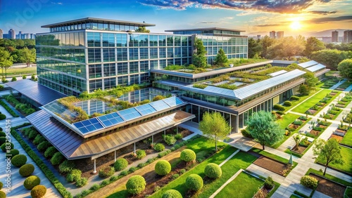 A serene landscape showing a modern, eco-friendly office building with solar panels and a rooftop garden