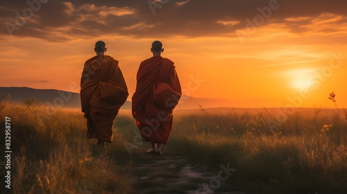Monks in Orange Robes Meditating in a Green Field at Sunset