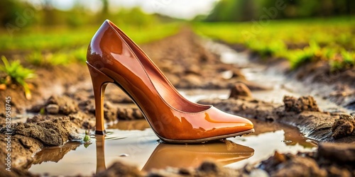 Close up of heeled shoes sinking in mud, symbolizing overcoming obstacles and female empowerment