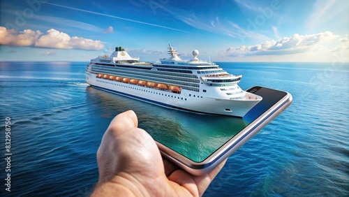 Marine cruise ship sailing out of a mobile phone, representing seamless online booking experience