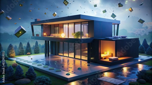 Modern home design with money scattered nearby