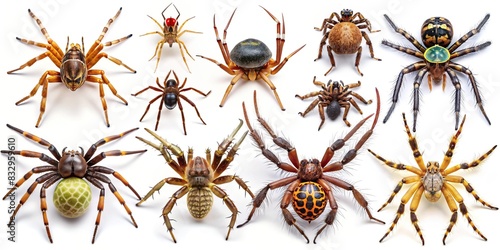A set of diverse spiders isolated on a background
