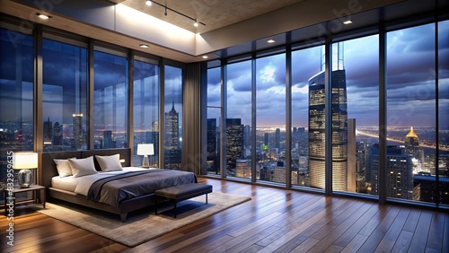 Dark and gloomy penthouse bedroom with a view of city lights from balcony