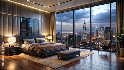 Dark and moody penthouse bedroom with a city view from balcony
