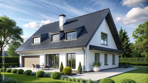 White family house with black pitched roof tiles
