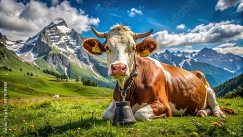 Brown and white Swiss cow with cowbell resting on grass in Alpine pasture