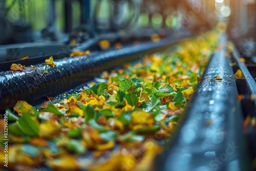 An operational conveyor belt transporting freshly harvested green and yellow leaves through an industrial facility under diffused sunlight