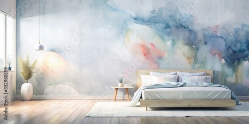 Minimalistic white bedroom with modern design, featuring an empty wall mockup background and watercolor accents