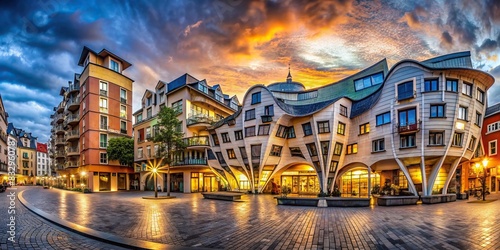 Expressionist town square with twisted buildings and dramatic lighting