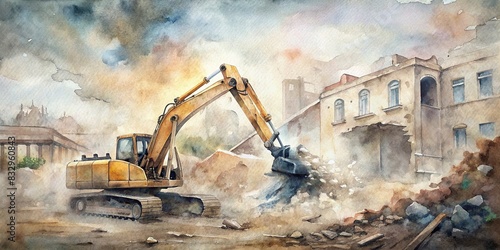 Building demolition excavator in action, watercolor