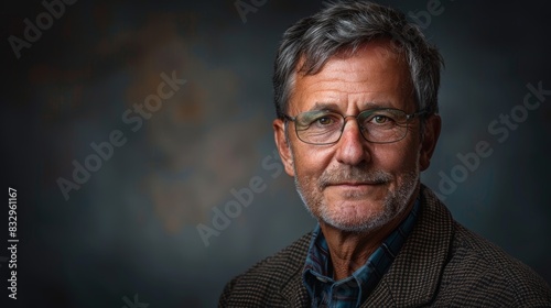 Elderly man with gray hair and beard wearing glasses and a plaid shirt beneath a jacket, smiling faintly against a dark, blurred background, radiating wisdom and warmth