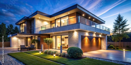 Modern house exterior at evening with illuminated lights