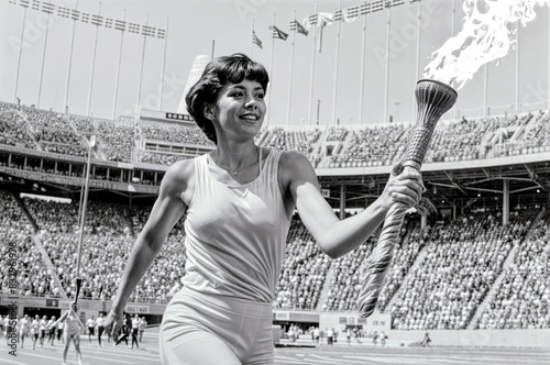 Black and white photo of a woman carrying a torch in front of a crowd in a sports stadium ceremony