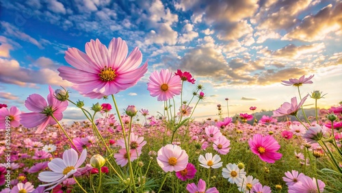 Vibrant pastel colors of the cosmos flowers against a kawaii sky background