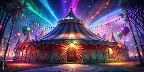 A circus tent illuminated with colorful glow lights