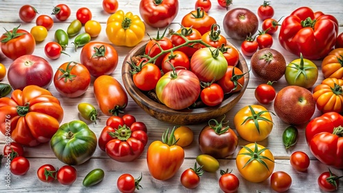 Vibrant assortment of tomatoes on a white table