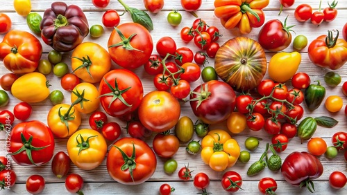 Vibrant assortment of tomatoes on a white table