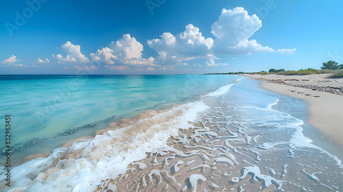 A pristine nature beach with soft white sand and clear turquoise water, the waves gently lapping at the shore
