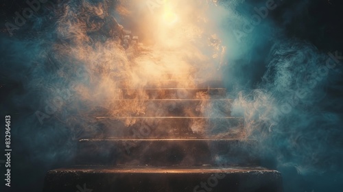 Detailed close-up of a divine stairway to heaven, featuring intricate carvings, shimmering steps, and a heavenly glow