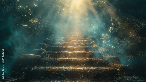 Detailed close-up of a divine stairway to heaven, featuring intricate carvings, shimmering steps, and a heavenly glow