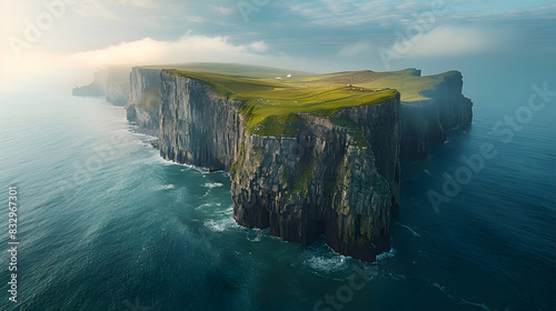 A serene nature cliff scene with a lighthouse perched on the edge, the vast ocean stretching out below