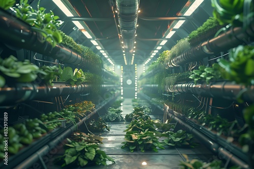 A futuristic greenhouse bathed in warm artificial light, with rows of healthy crops growing vertically.