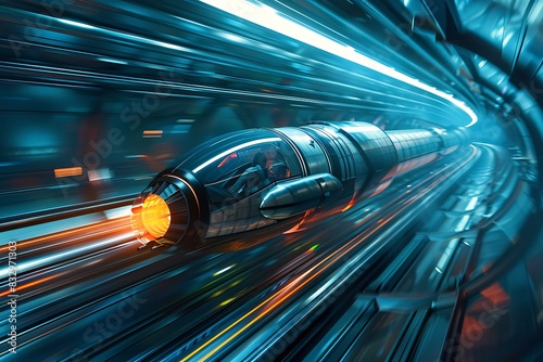 A futuristic hyperloop capsule traveling through a vacuum tube at incredible speeds