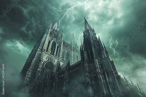 A grand cathedral with soaring spires reaching towards a stormy sky.