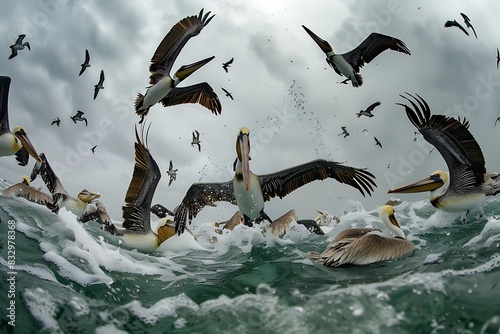 A group of pelicans diving synchronously into the sea to catch fish.