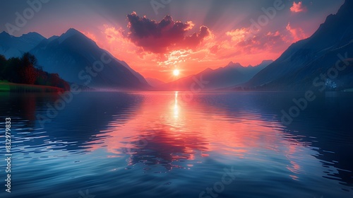 Sunset over mountain range tranquil beauty in nature