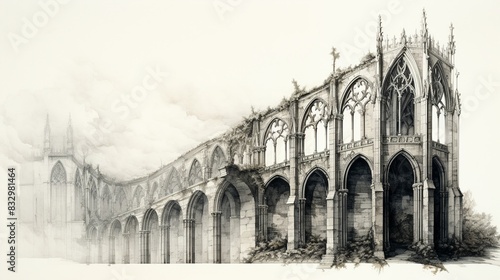 detailed flying buttress and ribbed vault, flat design side view ancient architecture watercolor black and white
