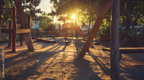 A nostalgic playground scene at sunset, casting long shadows on old-fashioned wooden seesaws and merry-go-rounds