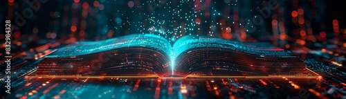 An open book with glowing digital elements emanating from its pages, representing knowledge, technology, and the fusion of literature and digital media.