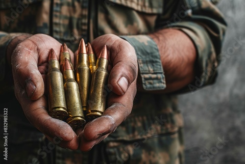 Holding the Line: The Hands of a Soldier Clutching Munitions Bullets, a Powerful Image of Military Readiness and Tactical Gear. Copy Space.