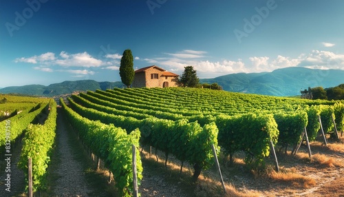 A classic Italian vineyard in late summer, rows of grapevines heavy with fruit, and a rustic