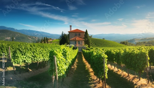 A classic Italian vineyard in late summer, rows of grapevines heavy with fruit, and a rustic