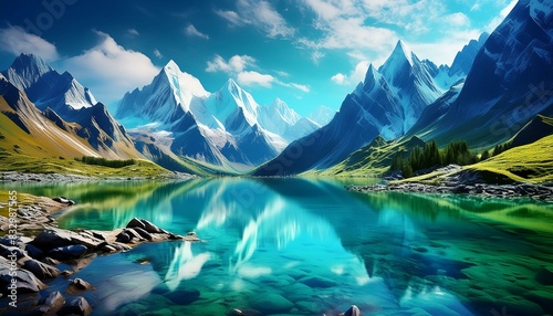  A dramatic mountain landscape with snow-capped peaks, a clear alpine lake reflecting the scene