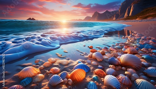 A peaceful beach at dawn, with gentle waves lapping against the shore, seashells scattered 