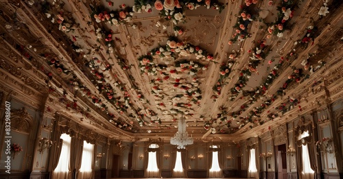 Victorian Opulence: Lavish Floral Cornice in a Grand Ballroom. low view