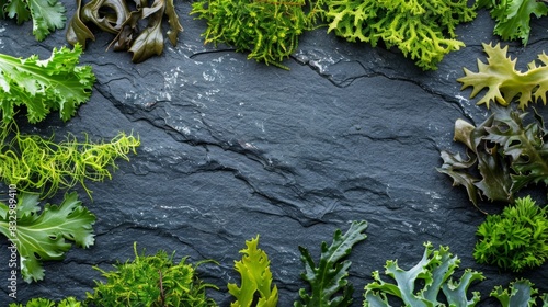 various green seaweed and algae copy space background wallpaper, food ingredient concept for designer