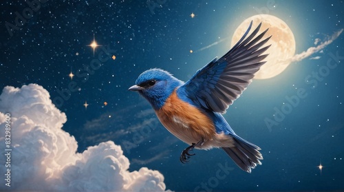 Bluebird Flying Under a Full Moon