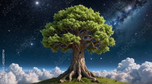 Majestic Tree on a Starry Night with Clouds