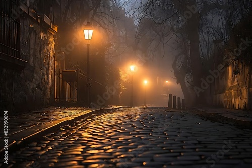 A lone lantern casting a warm glow on a cobblestone street on a foggy night.