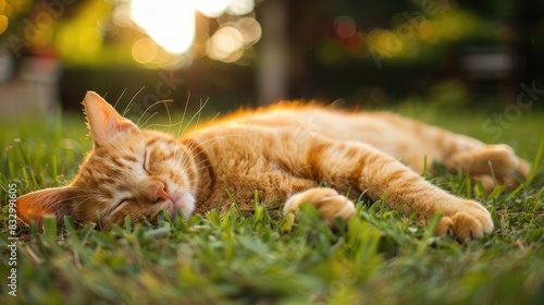 Adorable orange feline dozing on the lawn