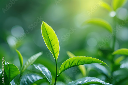 Green Tea Leaves Fresh Plant Closeup in Natural Setting