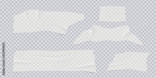Transparent adhesive tape and adhesive sellotape. Sticky tapes with torn edges, adhesives piece of white taped. Sticky scotch, duct paper strips on checkered background. Realistic vector illustration