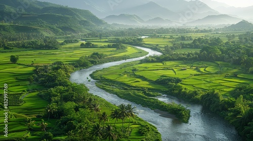 High angle shot of vibrant green rice paddies interlaced with a meandering river, highlighting the serene and picturesque rural scenery. AI generative