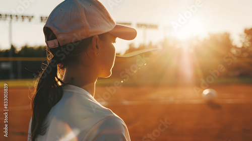 Closeup of a woman softball player standing on a softball field in the sun. Perfect for sports and fitness-related content.