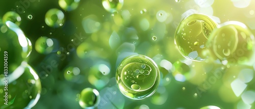 3d render of green micro sunk in light, background with blurred, macro shot of cells and spheres, concept for medical or scientific themes