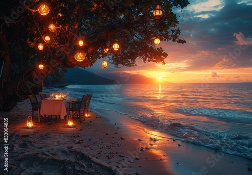 A candlelit dinner table set on a beach at sunset, with soft waves gently lapping the shore and lanterns hanging from nearby trees. The sky transitions from orange to deep blue.